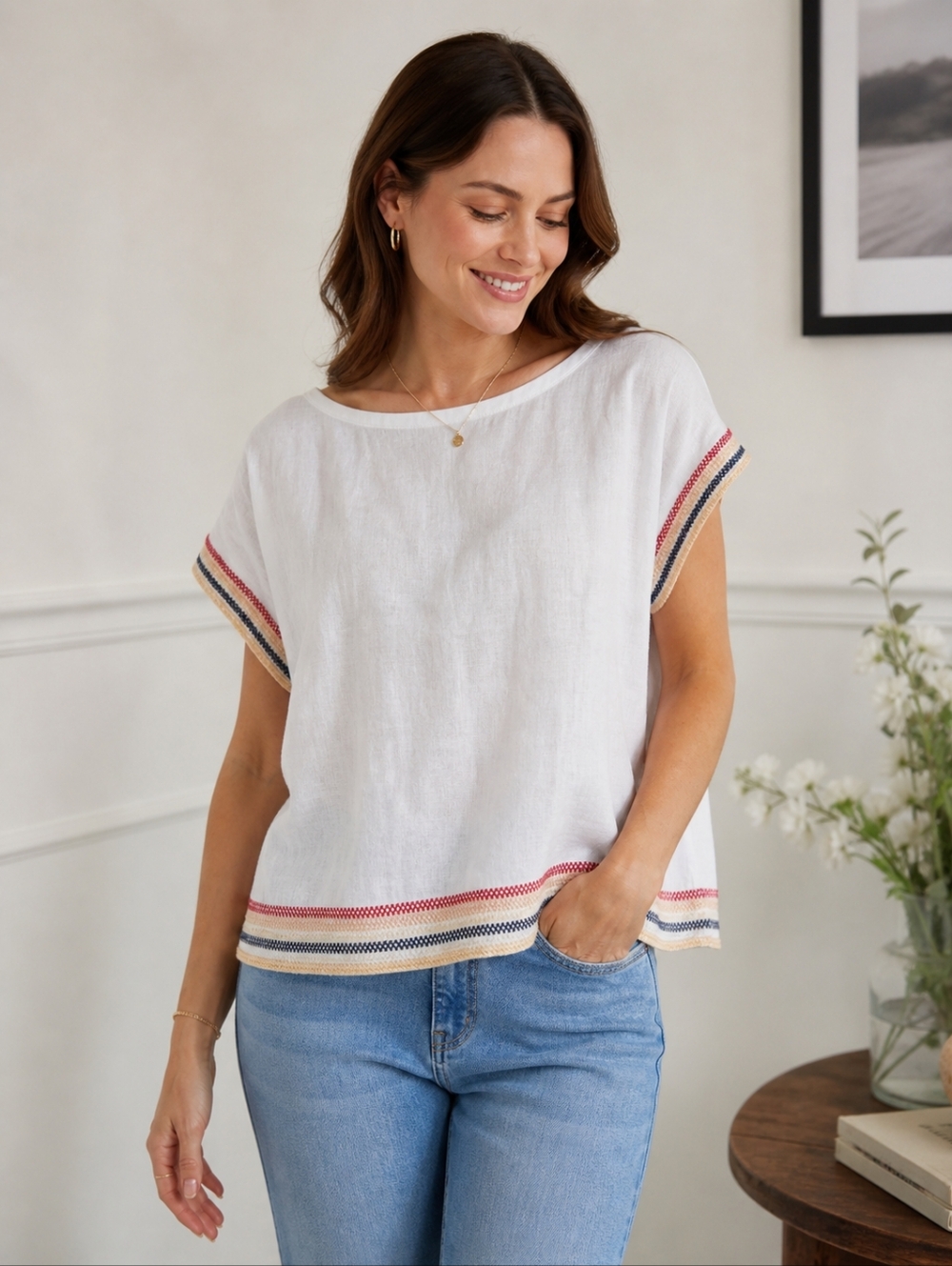 White Embroidered 100% Linen Short Sleeve Top with Multicolor Trim